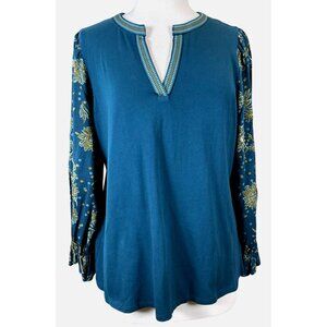 The Pioneer Woman XL Blue Floral Sleeve Split Neck Blouse Ribbon Trim NWT XL
